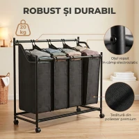 HOMCOM Coș de Rufe din Oțel, 108 L, cu 4 Saci din Poliester, Negru(m-7)
