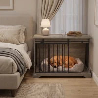 PawHut Cage pour Chien en Bois et Acier avec Porte Coulissante, Table d'Appoint, Niche Moderne, 100x60x68cm, Gris-Marron Clair(m-11)