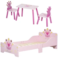 HOMCOM Lit Enfant et Ensemble table et chaises enfant - Design Princesse Motif Couronne - sommier à Lattes Inclus - Rose(m-11)