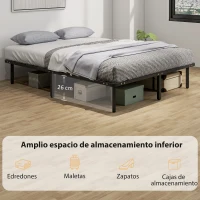 HOMCOM Estructura de Cama 160x200 cm con Marco de Acero Láminas de Álamo y Espacio de Almacenamiento Carga 500 kg Negro(m-5)