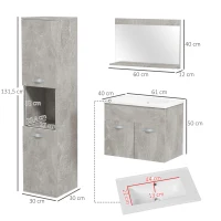 kleankin Conjunto de Muebles de Baño de Pared 3 Piezas Incluye Espejo Armario con Lavabo Cerámico y Columna Auxiliar de Baño Gris(m-3)