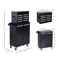 DURHAND Tool Chest 2 in 1 Metal Tool Cabinet Storage Box with 5 Drawers Pegboard Wheels 60x28x104.5cm Black(m-3)