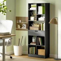 HOMCOM Bibliotecă Modernă din Lemn cu Sertar Central și Kit Anti-răsturnare, 60x26x158 cm, Negru(m-10)