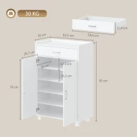 HOMCOM Schuhschrank mit 1 Schublade und 5 Einlegeböden Moderner Schuhschrank Verstellbare Einlegeböden 6 Paar 62,5x35x95 cm Weiß(m-3)