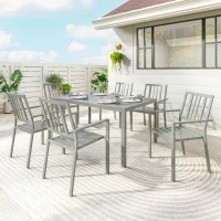 Outsunny Garden Table and Chairs for 6, 7 Pieces Garden Furniture Set with Table, 6 Stackable Chairs and Umbrella Hole Light Grey(m-11)