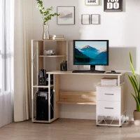 HOMCOM Computer Desk with Drawers and Bookshelf, Writing Desk for Home Office with Storage Shelves, Study Workstation, Oak(m-2)