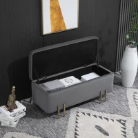 HOMCOM Banc de rangement coffre de rangement design contemporain- banc avec espace de stockage - dim. 100L x 40l x 42H cm - velours gris foncé piètement métal doré(m-10)