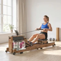 SPORTNOW Rameur à Eau Rameur Appartement Pliable Double Rail Aluminium Capacité 158kg Connexion Bluetooth 182x42x67cm Chêne(m-10)