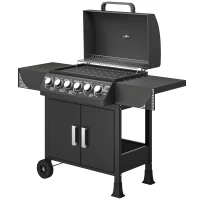 Outsunny Barbacoa de Gas con 6 Quemadores 15 kW Termómetro Parrilla Mesas Laterales Armario y Ruedas 135x51x101 cm Negro(m-11)