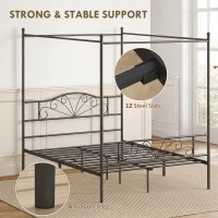 HOMCOM Canopy Bed Frame Double Size, Metal Platform Bed Frame with Headboard and Footboard, Underbed Storage, Black(m-6)