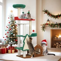 PawHut 135 cm Katzenkratzbaum in Weihnachtsfarben mit Katzenbett, Katzenhaus, Kratzpfosten, Sprungplattformen, Spielzeugbällen(m-10)