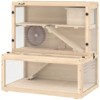PawHut Wooden Hamster Cage with Hut, Wheel, Ramps, Removable Viewing Panels, 80 x 50 x 84 cm, Natural(m-15)