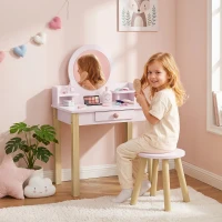AIYAPLAY Tocador de Maquillaje Niña Tocador Infantil con Taburete Espejo Cajón y 2 Estantes Abiertos para Niños 3 a 6 Años Rosa(m-11)
