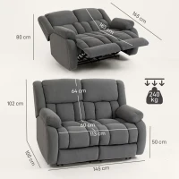 HOMCOM Sofá Reclinável Manual de 2 Lugares Ajuste Separado Revestimento em Veludo Apoio para os Pés Ajustável 145x100x102 cm Cinzento(m-3)