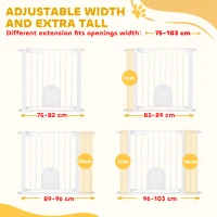PawHut Dog Gate with Cat Flap Pet Safety Gate Barrier, Stair Pressure Fit, Auto Close, Double Locking, for Doorways, Hallways, 75-103 cm White(m-7)