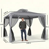 Outsunny Tonnelle de jardin pavillon de jardin 3 x 3 m double toit avec moustiquaires amovibles gris clair(m-3)