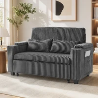 HOMCOM 2 Seater Sofa Bed, Pull Out Sleeper Sofa w/ Adjustable Backrest, Storage Armrests, Cup Holders, Side Pockets, Dark Grey(m-9)