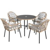 Outsunny 5 Piece Patio Rattan Dining Set, Wicker Garden Table and Chairs w/ Removable Seat & Back Cushions, Round Tempered Glass Tabletop, Parasol Hole, Outdoor Furniture Conservatory Set, Light Brown(m-1)