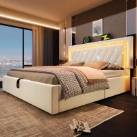 Smart Double Bed with Height-Adjustable Headboard, Stylish Bed Frame for Contemporary Bedrooms, 204L x 145W x 108H cm, Beige(m-7)