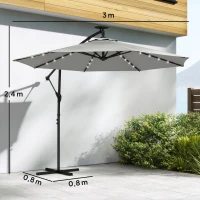 Outsunny Ampelschirm LED Solar ca. Ø300 cm Drehbar Sonnenschirm mit Kurbel Ständer Schutzhülle Hellgrau(m-3)