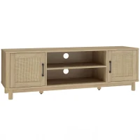 HOMCOM Meuble TV 135 cm, meuble télé pour téléviseur jusqu'à 65 pouces avec 2 portes en rotin, 2 compartiments ouverts, chêne(m-1)