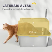 PawHut Caixa de Areia para Gatos em Aço Inoxidável XL Caixa de Areia para Gatos com Borda Alta e Pá 60x40x29,5 cm Cinzento(m-5)