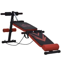 HOMCOM Banc de musculation pliable appareil à abdo hauteur réglable 135L x 48l x 61-68H cm 2 bandes de résistances + ressort central traction acier noir rouge(m-1)
