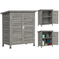 Outsunny Garden Shed Wooden Garden Storage Shed 2 Door Unit Solid Fir Wood Garage Tool Organisation Cabinet, 87L x 46.5W x 96.5Hcm, Grey(m-1)