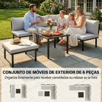 Outsunny Conjunto de Jardim Exterior de 6 Peças com Sofá de 2 Lugares, Módulo de Canto, 2 Assentos, Apoio para Pés e Mesa de Vidro, Cinzento Claro(m-4)