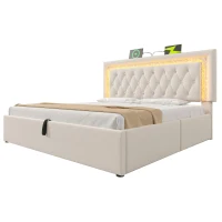 Smart Double Bed with Height-Adjustable Headboard, Stylish Bed Frame for Contemporary Bedrooms, 204L x 145W x 108H cm, Beige(m-11)