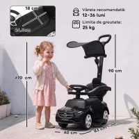 AIYAPLAY Rutschauto 3-în-1 cu bară de împins Mercedes-Benz vehicul de împins cu volan claxon muzică copertină spațiu depozitare Negru(m-3)