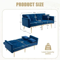 Modern 2-Seater Sofa Bed with 3-Position Adjustable Backrest, Soft Velvet Convertible Couch for Living Room, 72.5L x 165W x 75H cm, Navy(m-3)