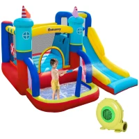 Outsunny Kids Bouncy Castle with Slide Water Pool Trampoline Climbing Wall w/ Blower(m-25)