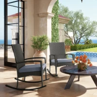 Outsunny Outdoor PE Rattan Rocking Chair Set of 2, Garden Rocking Chair Set with Armrest and Cushion, Grey(m-10)