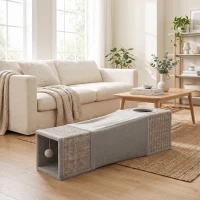 PawHut Tunnel pour chat intérieur jouets pour chats avec balle suspendue entrées multiples en sisal 98 x 30 x 30 cm gris(m-2)