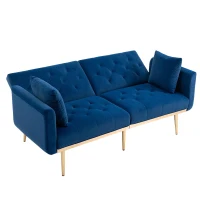 Modern 2-Seater Sofa Bed with 3-Position Adjustable Backrest, Soft Velvet Convertible Couch for Living Room, 72.5L x 165W x 75H cm, Navy(m-4)