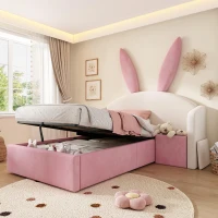 Bunny Ears Children's Bed with Hydraulic Storage, Adorable Bed for Girls Bedrooms, 206L x 149W x 143H cm, Beige+Pink(m-1)