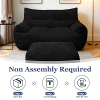 Oversized 2-Seater Corduroy Sofa with Ottoman, Comfortable Couch for Couples and Family, 100L x 135W x 75H cm, Black(m-5)