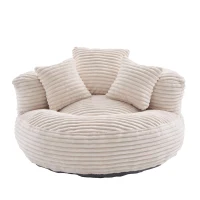 Plush Oversized Bean Bag Chair with High Back & 3 Pillows, Cozy Corduroy Floor Lounger Sofa for Living Room, 108L x 108W x 52H cm, Beige(m-2)