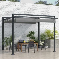 Outsunny 3 x 3(m) Retractable Pergola, Garden Gazebo Shelter with Aluminium Frame, for Grill, Patio, Deck, Dark Grey(m-10)