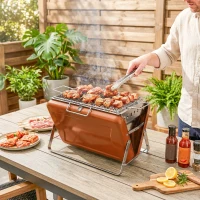 Outsunny Charcoal BBQ Grill Portable Stainless Steel Barbecue with Tilting Grate for Camping Picnic Garden Orange(m-9)