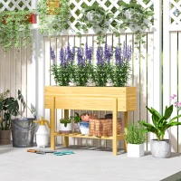 Outsunny Wooden Raised Garden Bed, Elevated Planter Box with Bed Liner, Drainage Holes and Storage Shelf, Raised Planter for Vegetables, Flowers, Herbs, 100 x 30 x 71 cm, Natural Wood Finish(m-2)