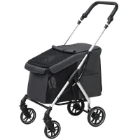 PawHut Poussette pour chien 4 roues légère et pliable, coussin lavable, laisse de sécurité, fenêtre à mailles multiples, gris(m-12)