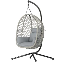 Outsunny Hanging Egg Chair, Indoor Outdoor Rattan Hammock Swing Chair with Stand, Safety Strap, Foldable Basket, Light Grey(m-15)