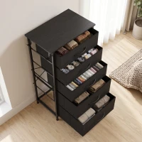 HOMCOM Chest of Drawers, Dresser with 5 Fabric Drawers, Tall Storage Unit with 4 Pockets and 2 Hooks, Steel Frame, Black(m-9)