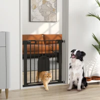PawHut Dog Gate with Cat Flap Pet Safety Gate Barrier, Stair Pressure Fit, Auto Close, Double Locking, 75-82 cm Black(m-2)