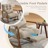 Cozy Rocking Chair with Adjustable Footrest and Side Pocket, Soft Corduroy Glider Armchair for Nursery, 92L x 80W x 70H cm, Khaki(m-8)