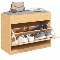 HOMCOM Banc chaussures entrée, banc de rangement en bambou, assise rembourrée, porte en rotin et étagère réglable, bois naturel(m-17)