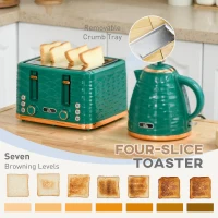 HOMCOM 3000W 1.7L Rapid Boil Kettle & 4 Slice Toaster, Kettle and Toaster Set with 7 Browning Controls and Crumb Tray, Green(m-5)