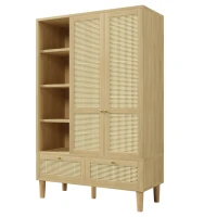 Rustic Oak Rattan Wardrobe with Clothes Rail and 2 Drawers, Wooden Armoire Closet Cabinet for Bedroom, 120L x 50W x 180H cm, Oak(m-13)